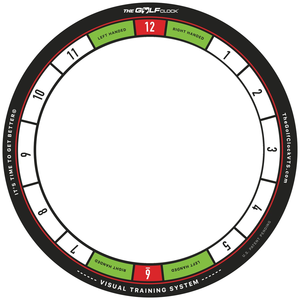 The Golf Clock visual training ring, with red and green markings at the 12 and the numbers 1 to 11 around it